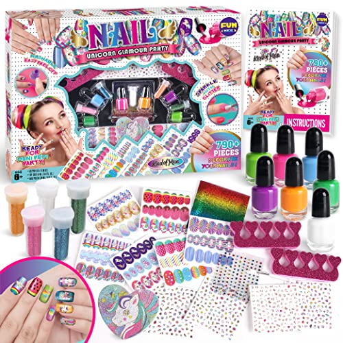 Unicorn Nail Art Kızlar için Set, FunKidz Ultimate 790 + Glamour Parti Çocuklar için Tırnak Kiti İçerir Soyulabilir Oje Glitter