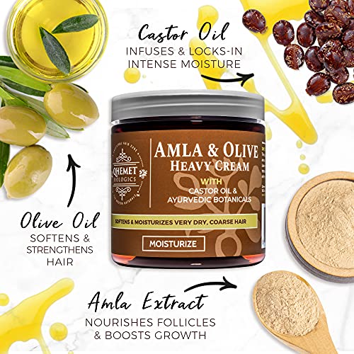 Qhemet Biologics Amla & Olive Heavy Cream-Son Derece Kuru ve 4C Saçlar için Nemlendirici Balsam-Afros, Bobinler, Bukleler, Ponponlar,
