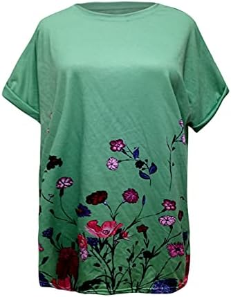 TARİENDY 4th Temmuz Yaz Gömlek Kadınlar için Rulo Kısa Kollu Bluz Çiçek Baskı Tshirt Yuvarlak Boyun Rahat Tees