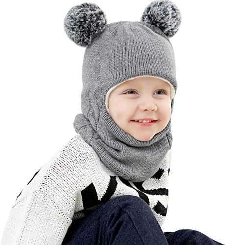 Bebek Kış Şapka, Çocuk Örme Şapka, Toddler Pamuk Hood Eşarp Kış Kulaklığı Ponpon ile, 1-4 Yıl