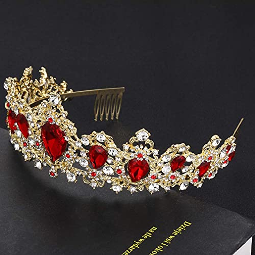 Kraliçe Taç ve Tiaras Kadınlar için, Vintage Altın Rhinestone Pageant Taçlar Tarak İle Barok Düğün Saç Takı Aksesuarları (Kırmızı)